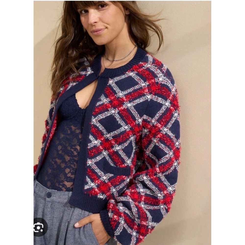Aerie Chelsea Jacket Plaid Eyelash Knit Cardigan Sweater XS Navy Red Preppy Coy